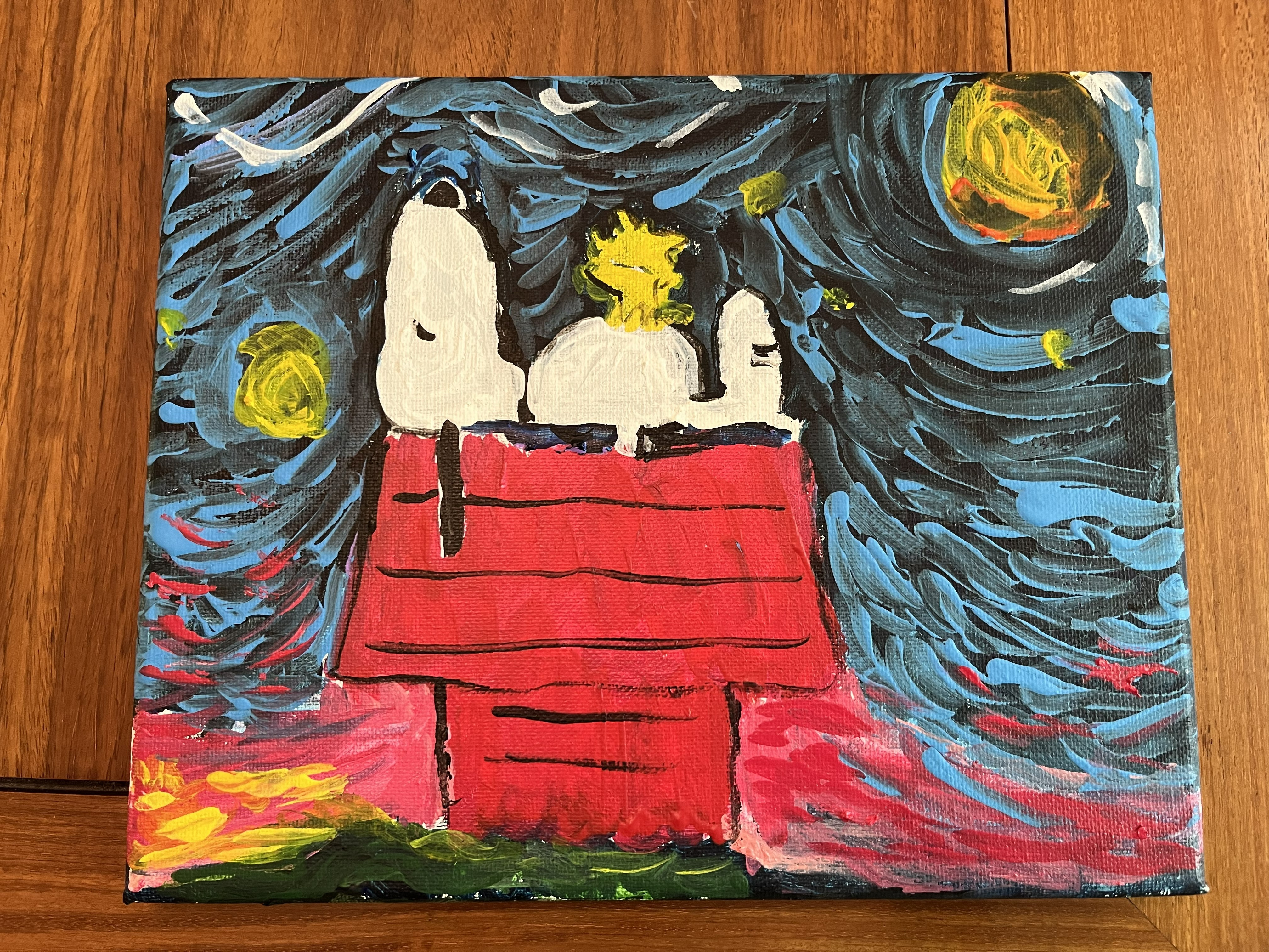 Snoopy and Woodstock on the doghouse on a starry night